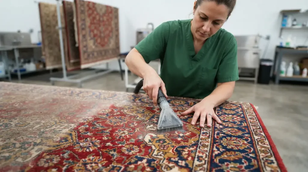 A technician doing area rug cleaning carefully