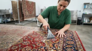 A technician doing area rug cleaning carefully
