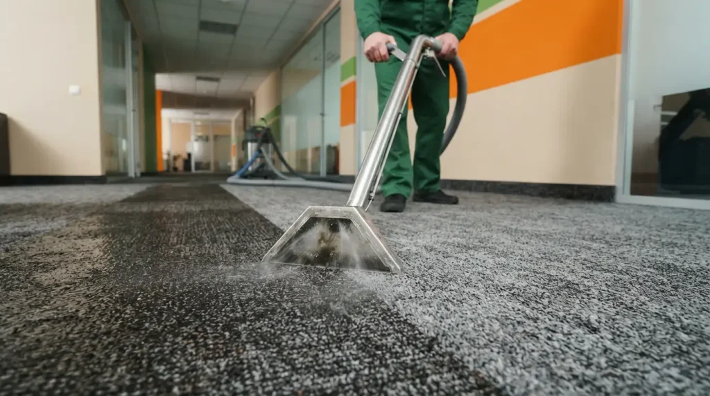 Commercial carpet cleaning in progress