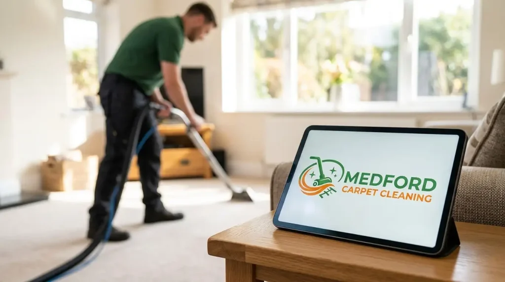 A tablet device with Medford Carpet Cleaning logo in the foreground and a technician cleaning a carpet in the background