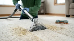 A technician is using deep-cleaning extraction tool on a cream-colored plush carpet, specifically targeting a pet stained area