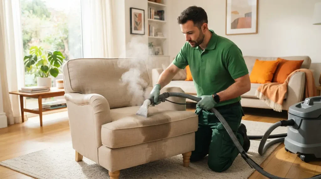 A technician doing upholstery cleaning on a large, comfortable armchair