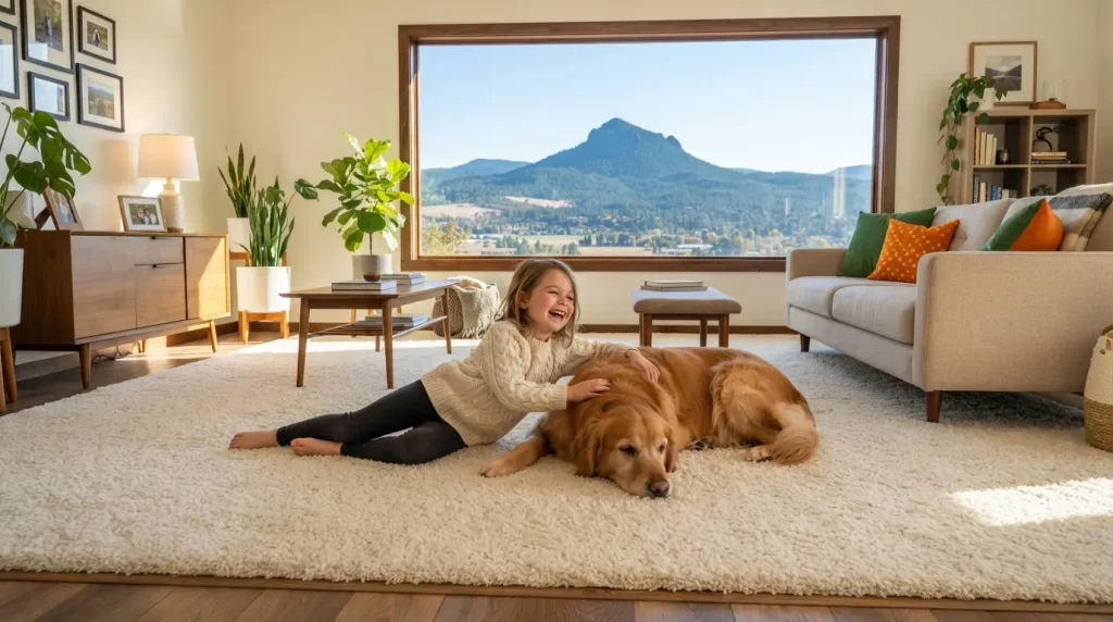 a kid with her dog relaxing on a clean carpet