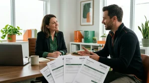 A property manager is being briefed about invoices