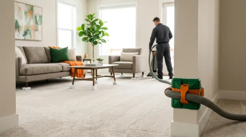 A technician cleaning carpet while the wall protected with corner guard