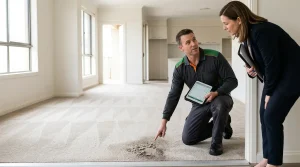 A technician and a landlord are conducting a walkthrough in an empty apartment between tenancies