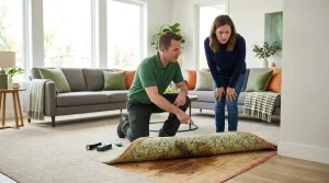 A technician explaining to a homeowner about a section of carpet that has been pulled back to reveal the padding and subfloor underneath