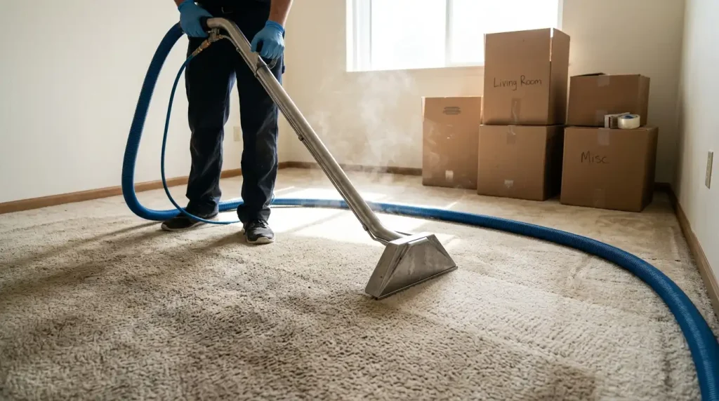 A technician is cleaning carpet in an empty room