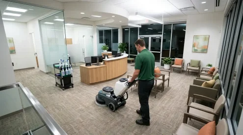 A technician is cleaning office carpet