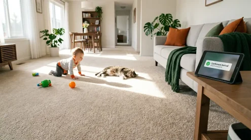 A kid crawling on a perfectly clean carpet