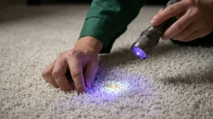 A technician busy finding spots, stains with flash light in a carpet