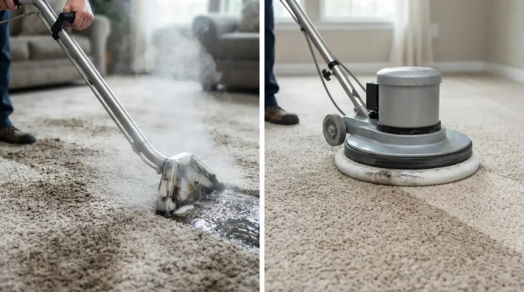 An image showing Steam Cleaning Vs Dry Cleaning in two parts