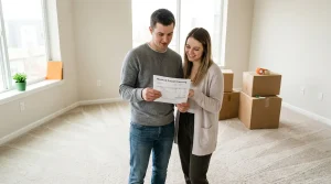A couple reviewing cleaning invoice