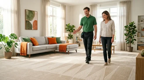 A  technician and a customer walking through a cleaned room