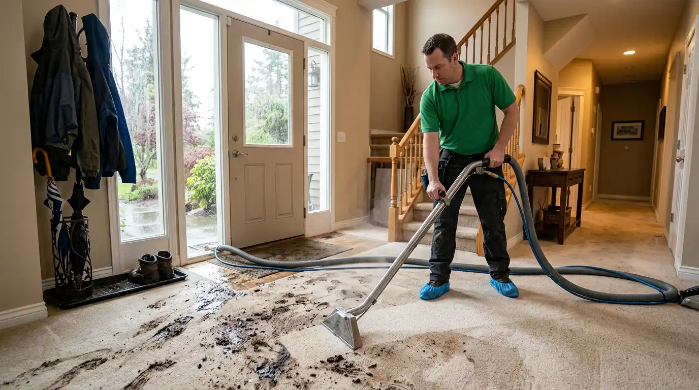 A technician is removing mud from a carpet in a wet season